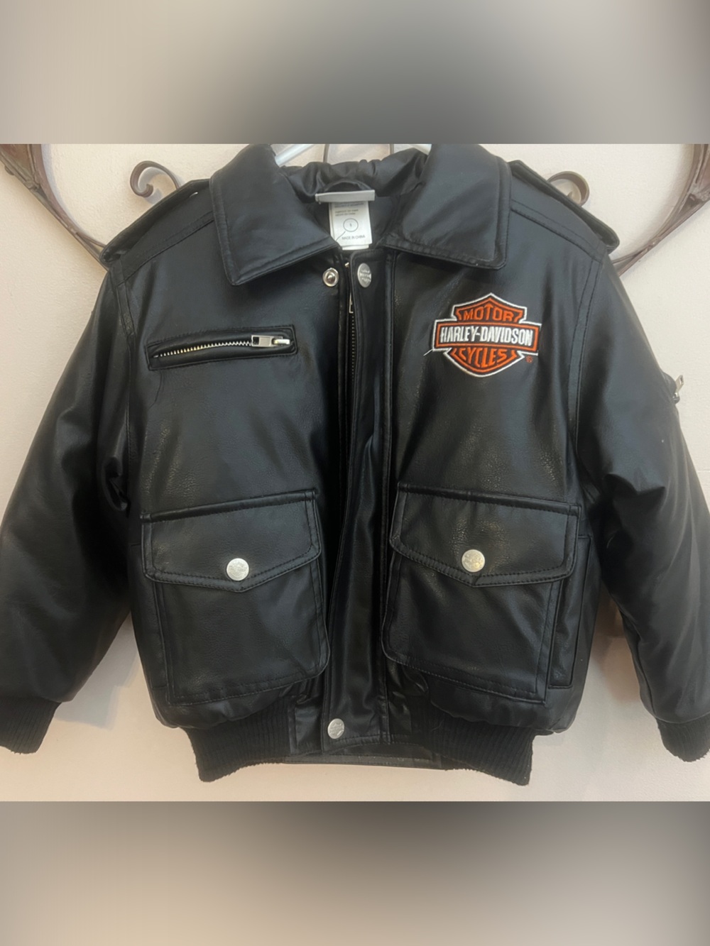 Harley-Davidson Black Leather Bomber with Orange Logo Patch (Kids Size 5)